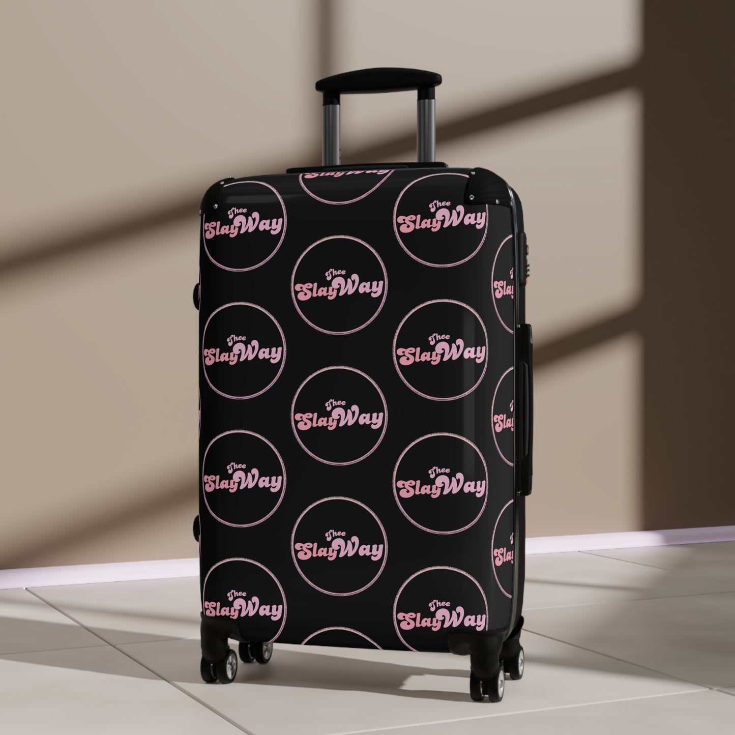 Black Carry-On Suitcase with "SlayWay" Logo Pattern — Stylish Travel Luggage