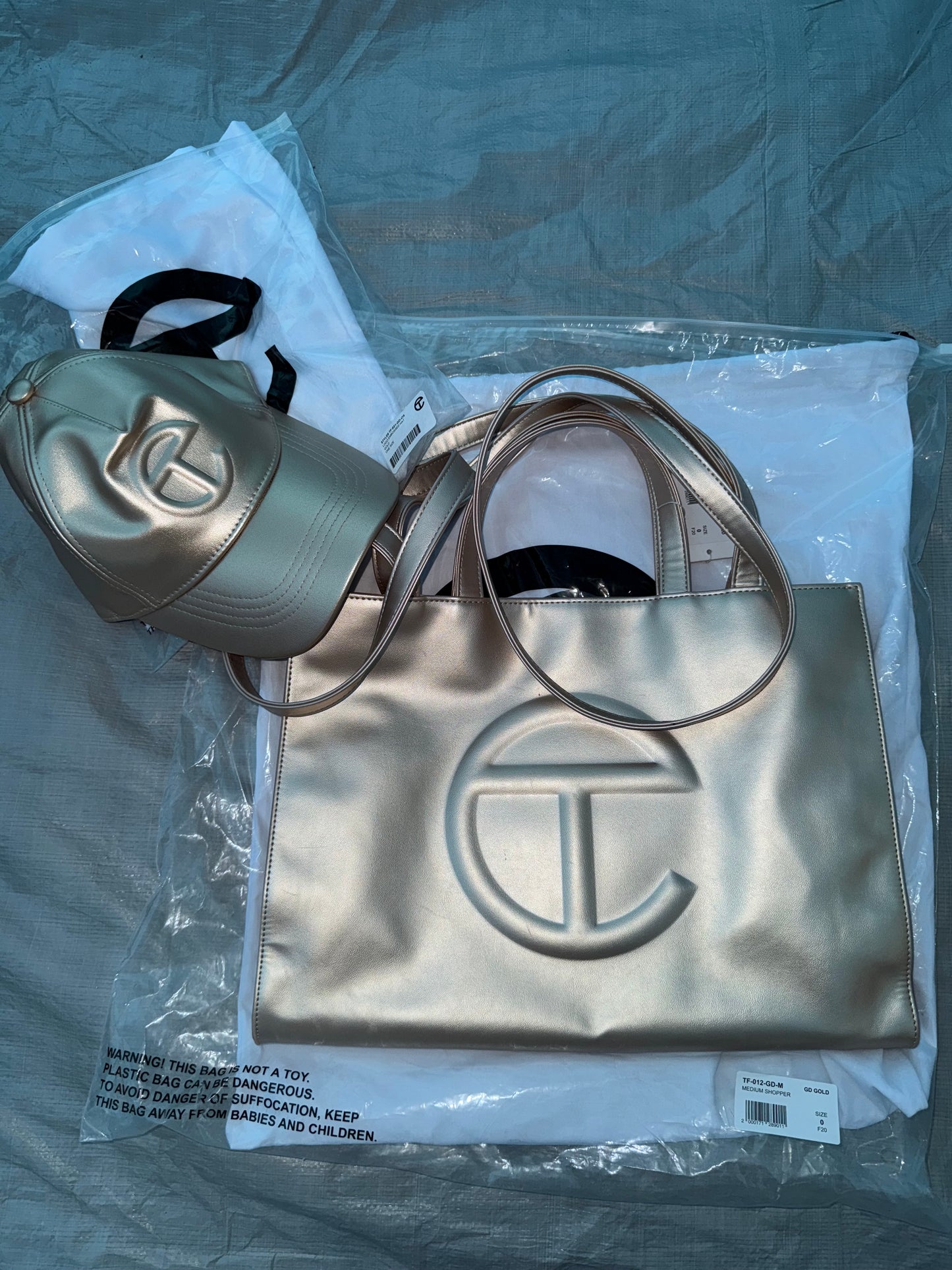 Telfar Medium Gold Bag + Hat Set