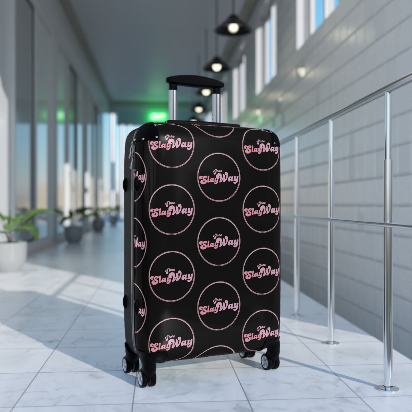 Black Carry-On Suitcase with "SlayWay" Logo Pattern — Stylish Travel Luggage