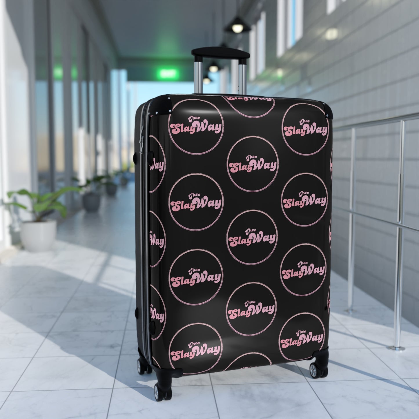 Black Carry-On Suitcase with "SlayWay" Logo Pattern — Stylish Travel Luggage